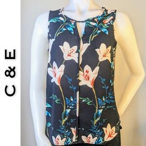 C & E Sleeveless Blouse Black Pink Tropical Graphic Floral V-Neck Size Small